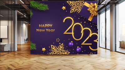 Happy New 2023 Year. Golden metallic numbers 2023 with gift box, shining snowflake, pine branches, stars, balls and confetti on purple background. New Year greeting card or banner template. Vector. Wall mural