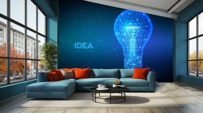 Idea. Low polygonal Lamp. Lightbulb low poly design with connecting dots. Idea with geometry triangle. Abstract lamp bulb mash line. Internet technology icon network concept. Vector illustration. Wall mural