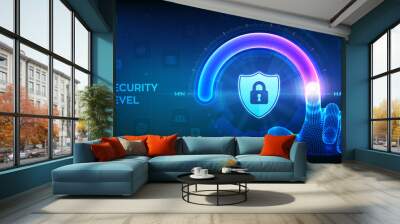 Increasing Security level. Cyber security concept. Wireframe hand is pulling up to the maximum position circle progress bar with the secure shield icon. Enhance data protection. Vector illustration. Wall mural