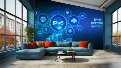 IPv6. Internet Protocol version 6. Ipv6 network protocol standard internet communication concept. Wireframe hand touching digital interface with connected gears cogs, icons. Vector illustration. Wall mural