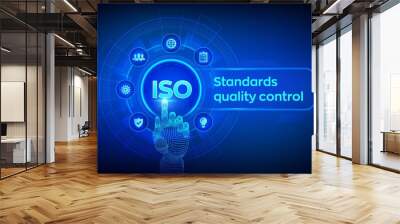 ISO standards quality control assurance warranty business technology concept. ISO standardization certification industry service concept. Robotic hand touching digital interface. Vector illustration. Wall mural