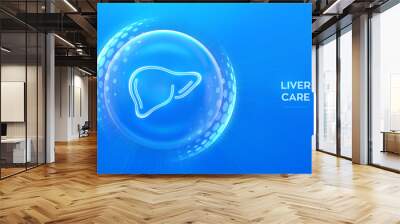 Liver care and protection. Healthy liver medical concept. Human liver anatomy organ icon inside protection sphere shield with hexagon pattern on blue background. Vector illustration. Wall mural