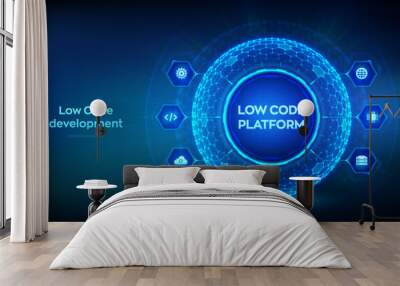 Low code platform. Low code development technology concept. LCDP easy coding. Hexagonal grid sphere on blue background. Vector illustration. Wall mural