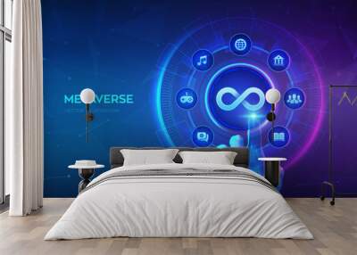 Metaverse technology. Cyberspace of metaverse. Hand touching digital interface. Virtual reality, Augmented reality cyber world simulation. NFT, blockchain concept. Vector illustration. Wall mural