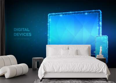 Monitor and smartphone. Digital modern computer devices. Abstract computer monitor and smart phone with blank empty screen. Low poly geometric shapes. 3D polygonal vector illustration. Wall mural