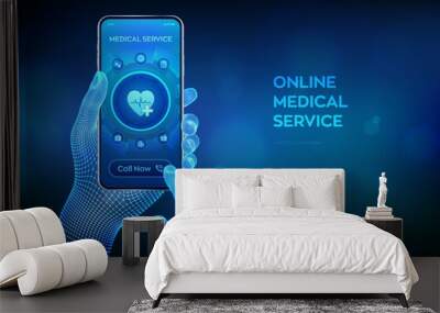 Online medical services, consultation and support concept on virtual screen. Doctor online. Medical clinic communication with patient. Closeup smartphone in wireframe hands. Vector illustration. Wall mural