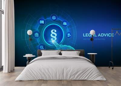 Paragraph as a sign of justice and law. Labor law, Lawyer, Attorney at law, Legal advice concept on virtual screen. Protection of rights and freedoms. Robotic hand touching digital interface. Vector. Wall mural