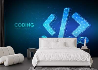 Programming code icon. 3D Low polygonal abstract programming code symbol in hand. Coding or Hacker background. Development and software concept. Vector Illustration. Wall mural