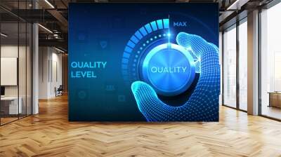 Quality levels knob button. Wireframe hand turning a quality level knob to the maximum position. Quality Improvement Concept. Vector illustration. Wall mural