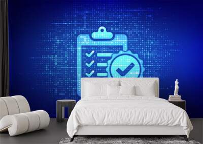 Regulation Compliance icon made with binary code. Reg Tech financial control background. Compliance rules. Law regulation policy. Digital code matrix background with digits 1.0. Vector Illustration. Wall mural