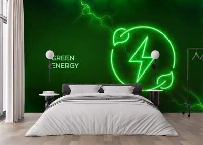 Renewable green energy icon. Clean alternative energy power technology concept. Icon with electrical energy glow effect. Lightning spark or electric discharge effects background. Vector illustration. Wall mural