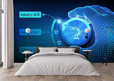 Smart Industry 4.0 concept. Industrial revolutions steps. Wireframe hand turning a knob and selecting industry 4.0 mode. Factory automation. Autonomous industrial technology. Vector illustration. Wall mural