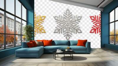 Snowflakes set. Sparkling golden, silver and red snowflakes with glitter texture isolated on transparent background. Christmas decoration. Vector illustration. Wall mural