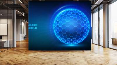 Sphere shield with hexagon pattern on blue background. Abstract protection sphere shield. Glowing bubble shield in the form of a force energy field. Protection and safety concept. Vector illustration. Wall mural