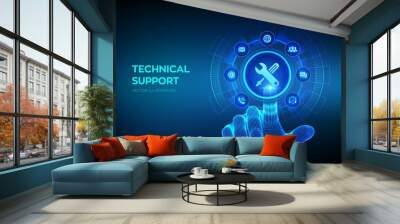 Technical support. Customer help. Tech support. Customer service, Business and technology concept. Wireframe hand touching digital interface. Vector illustration. Wall mural