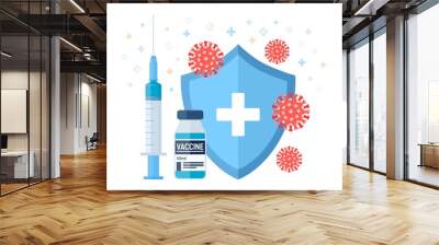 Vaccination concept. Immunization campaign. Vaccine shot. Health care and protection. Syringe with a vaccine bottle protection shield and virus. Medical treatment. Flat vector illustration. Wall mural