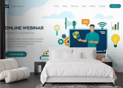 Webinar. Internet conference. Web based seminar. Distance Learning. E-learning Training business concept. Video tutorials. Online courses. Workplace and working on laptop. Vector illustration. Wall mural