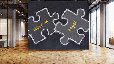 Chalk drawing of two puzzles with words move in and repel Wall mural