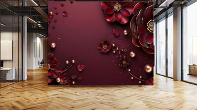 3D Beautiful spring burgundy gold flower with pearls on decorative background as wallpaper illustration with copy space, Elegant Burgundy Gold Flower Frame	 Wall mural