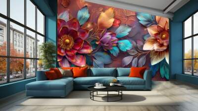 3D Beautiful spring colorful flower with leaves on decorative burgundy background as wallpaper illustration, Elegant Colorful 3D Flower	 Wall mural