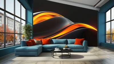 Abstract black background with neon orange glowing wave - line design as wallpaper illustration Wall mural