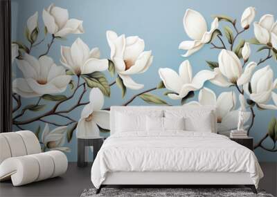 Abstract light blue background with beautiful white magnolia flower as wallpaper illustration Wall mural