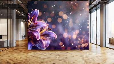 Beautiful purple lily flower on decorative sparkling blur background with copy space as wallpaper illustration, Elegant Purple Glitter Flower	 Wall mural