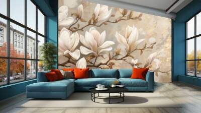 Beautiful white magnolia flower on beige decorative background as wallpaper illustration, Elegant White Flower Wall mural