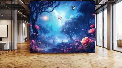 Fantasy fairytale forest with roses and butterflys background, magical forest wallaper Wall mural