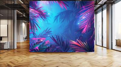 Neon tropical background with palm trees in the night as wallpaper illustration Wall mural