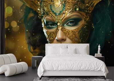 Woman with carnival mask in gold green color as wallpaper background illustration Wall mural