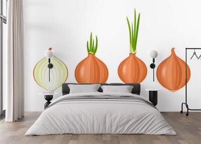 Yellow onion set. Whole and halved vegetables.  Onion with green sprout and roots.  Wall mural