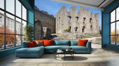 Burgruine Wolfstein old castle ruins with tower, blue sky Wall mural