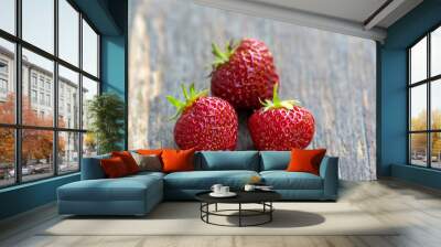 Harvested three fresh raw red ripened strawberries background, group of fruits with green stems Wall mural