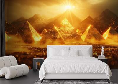 3d surreal landscape with abstract fantasy pyramids in triangle forms in rough yellow gold metal material with sun ray on back dark sky ai generated Wall mural