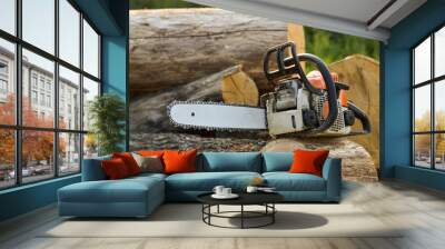  Chainsaw that stands on a heap of firewood in the yard on a beautiful background of green grass and forest. Wall mural