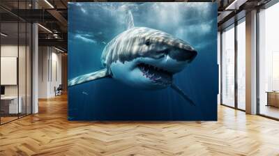 A large toothed white shark underwater in the ocean with its mouth open.generative ai
 Wall mural