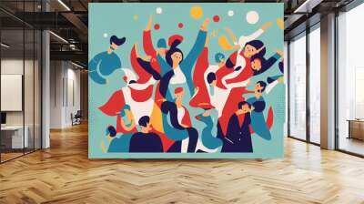 a lot of happy people. People rejoice and wave their hands. Wall mural