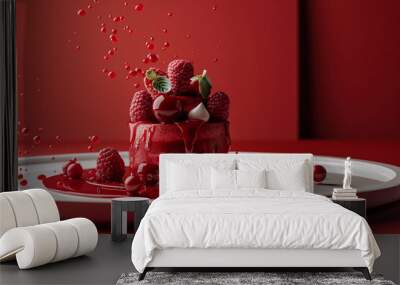 A minimalist scene of a dessert dish in red colors on a white plate. Round cake on a plate with raspberries, red icing with space for text or inscriptions
 Wall mural