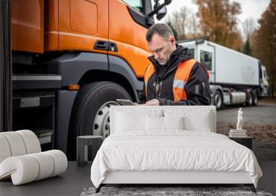 A professional industrial truck driver wearing a vest as a safety measure performs a technical inspection of the vehicle before the next drive on the tablet.generative ai Wall mural