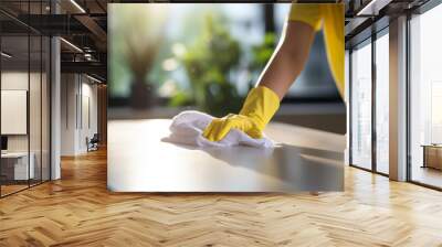 A woman's hand in a yellow protective glove wipes the kitchen counter with a white cloth. Kitchen cleaning concept, river view.generative ai
 Wall mural