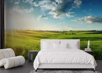 Beautiful panoramic natural landscape of a green field with grass against a blue sky with sun. Generative AI Wall mural