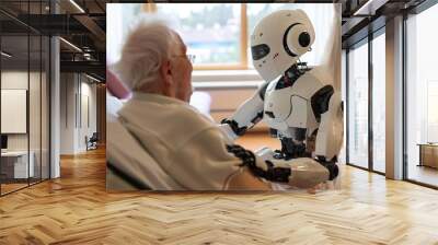 Future of geriatric care with robots in nursing homes. Innovative Personal Android Companion. Helping Senior Man with her Daily Life Wall mural