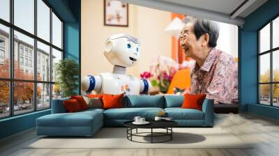 Future of geriatric care with robots in retirement home. Happy old people. Wall mural