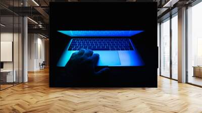 Modern laptop with blue light on the screen that illuminates the keyboard with one hand on the laptop Wall mural