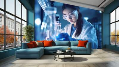 Asian female scientist holding a test tube with a solution in gloves in a research lab or doing chemical experiments. generative ai Wall mural