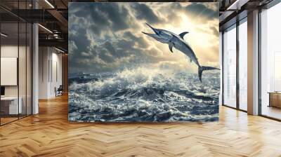 Background of the ocean or sea and a large swordfish fish jumping out of it with space for text or inscriptions
 Wall mural