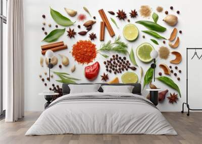 Background with spices and green leaves, peppercorns, cinnamon, green leaves, rosemary and other spices isolated on a white background, top view.generative ai
 Wall mural