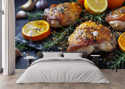 Baked turkey or chicken duck legs rubbed with spices baked as a dish on a dark slate close-up with elements of green rosemary and orange pieces
 Wall mural