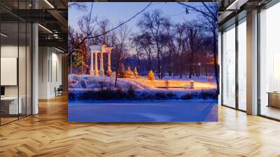 Scenic russian winter wonderland sunset view of non frozen river with trees scenery reflections on water panoramic wide nature background scene Wall mural